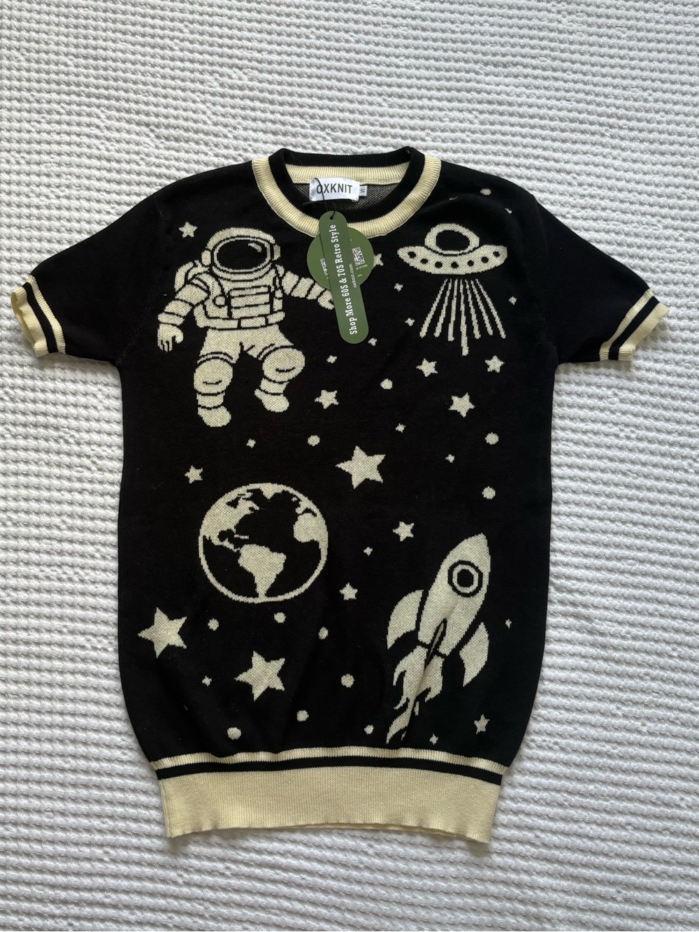 NWT Oxknit Vintage Knit Women's Astronaut Rocket Space Short Sleeve Sweater - S